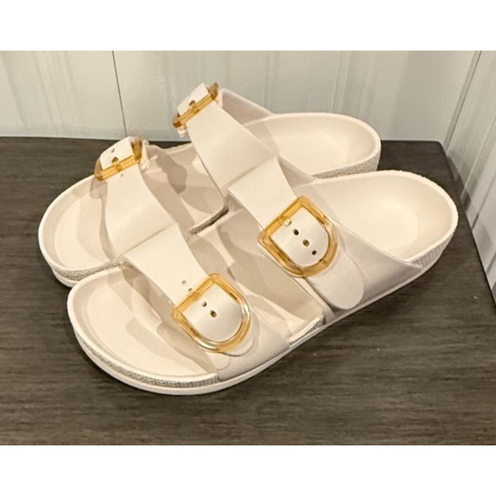 Women's White Double Buckle Slide Sandals Gold Buckles Size 9 Made in USA